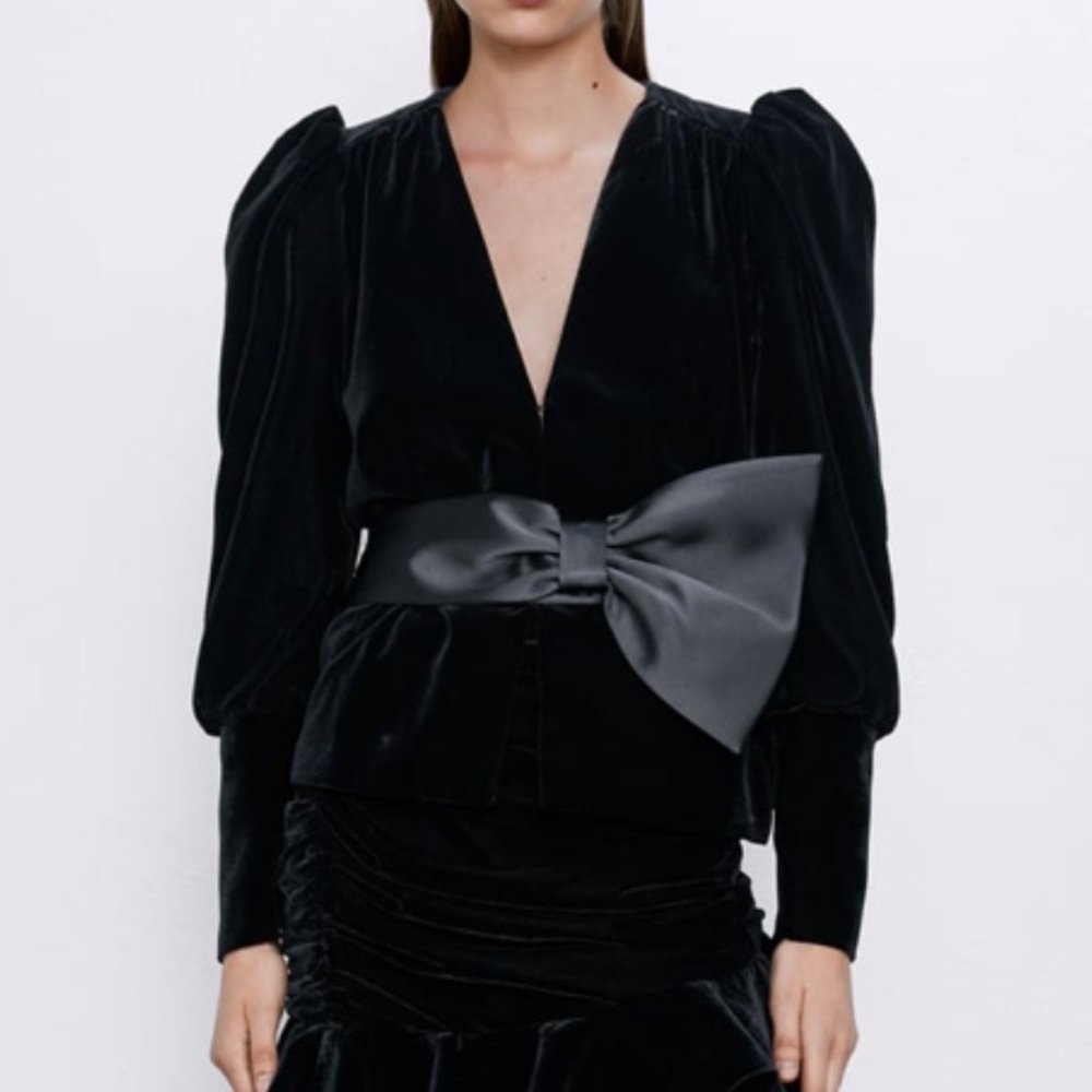 Zara Black Velvet Jacket and Skirt set-with Satin Bow Belt NWOT - Picture 5 of 7